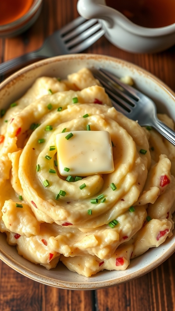 Creamy mashed red potatoes with chives and butter in a rustic bowl on a wooden table.